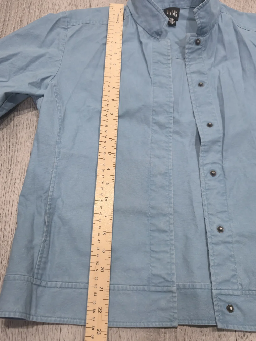 Eileen Fisher 100% Cotton Light Blue Teal Jacket Stand Collar Button Front S